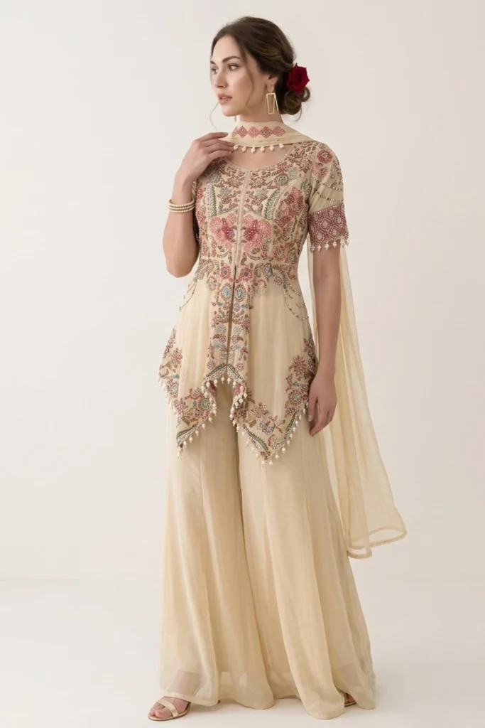 Cream Georgette Embroidered Peplum Palazzo Set