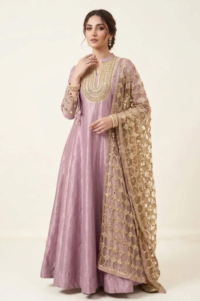 Dusy Lilac Silk Embroidered Anarkali Gown Set