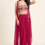 Magenta Embellished Organza Cape Set 
