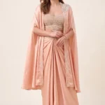 Peach Satin Embellished Cape Set