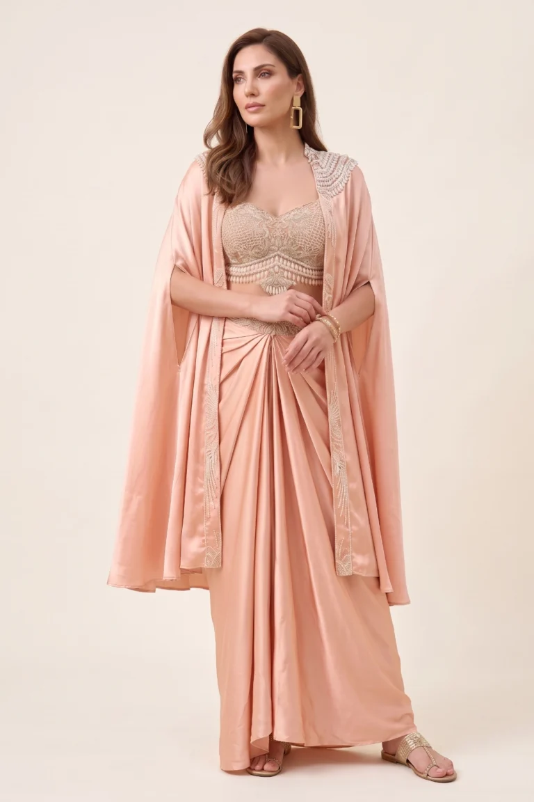 Peach Satin Embellished Cape Set