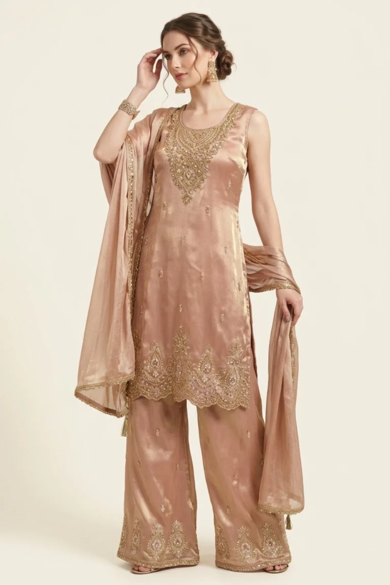 Peach Tissue Embroidered Palazzo Set