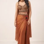 Rust Orange Satin Embellished Draped Skirt Set