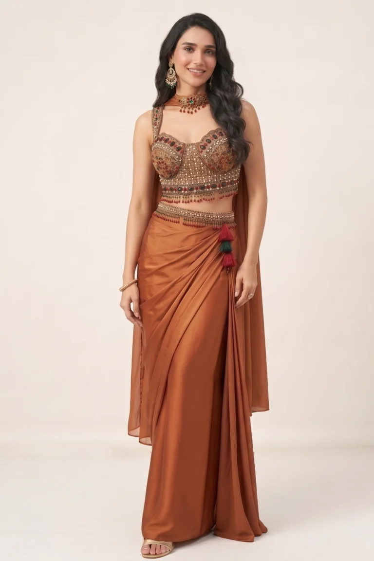 Rust Orange Satin Embellished Draped Skirt Set