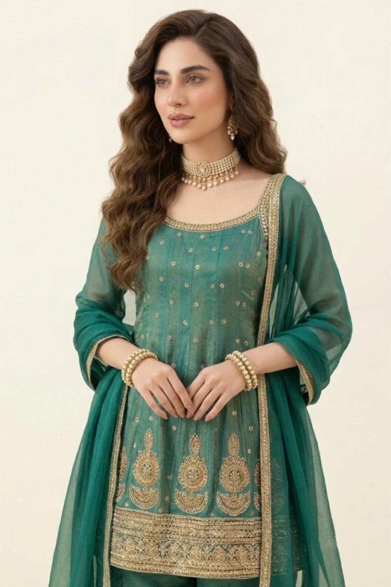 Teal Green Tissue Shimmer Palazzo Set