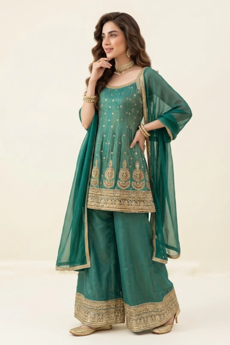 Teal Green Tissue Shimmer Palazzo Set
