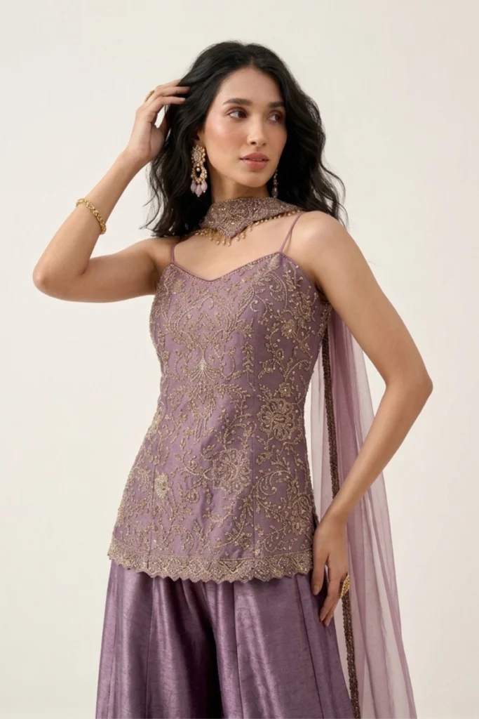 Purple Embroidered Silk Sharara Set