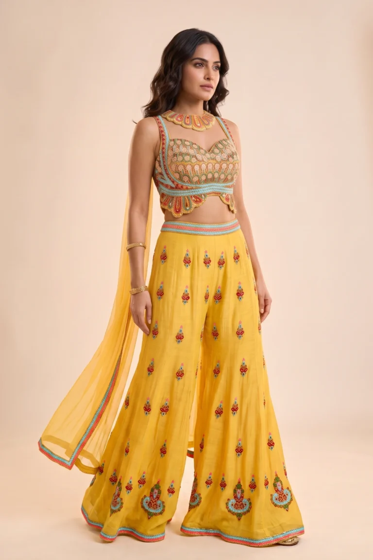 Yellow Cotton Silk Embellished Palazzo Set