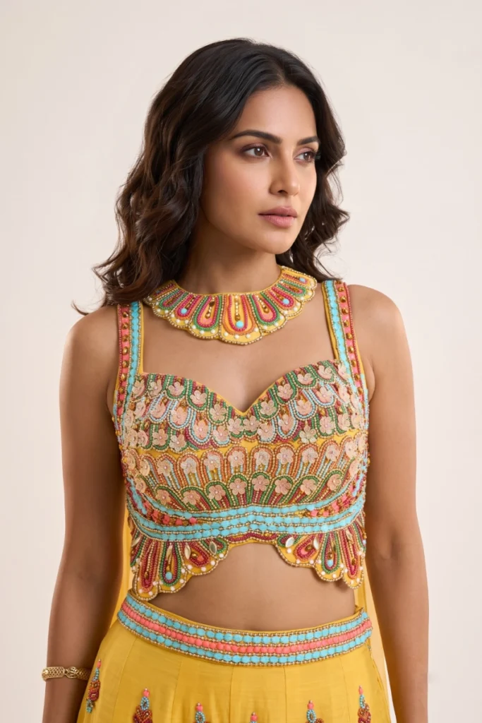 Yellow Cotton Silk Embellished Palazzo Set