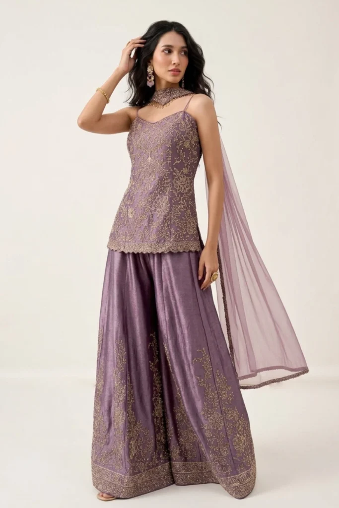 Purple Embroidered Silk Sharara Set