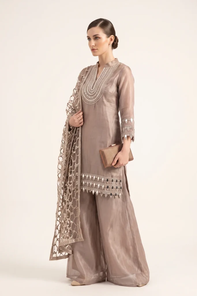 Breathtaking Mocha Brown Tissue Silk Embroidered Kurta Set 1 Luxurious 3 Piece Outfit