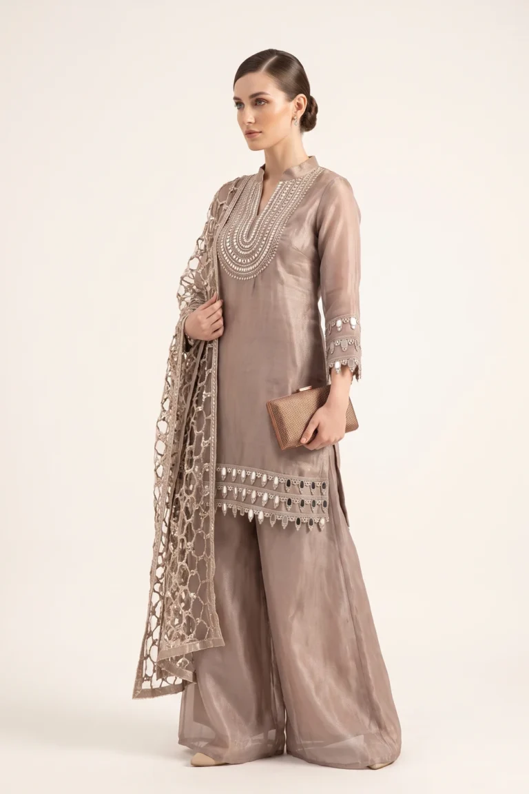 Breathtaking Mocha Brown Tissue Silk Embroidered Kurta Set 1 Luxurious 3 Piece Outfit