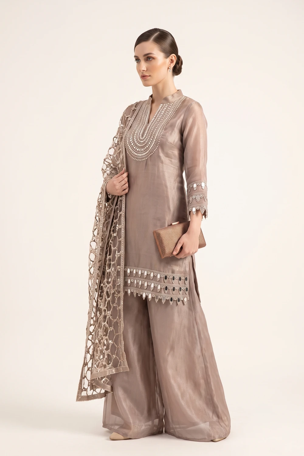 Breathtaking Mocha Brown Tissue Silk Embroidered Kurta Set 1 Luxurious 3 Piece Outfit
