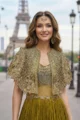 Mustard Yellow Chinon Sequin Gown with Cape