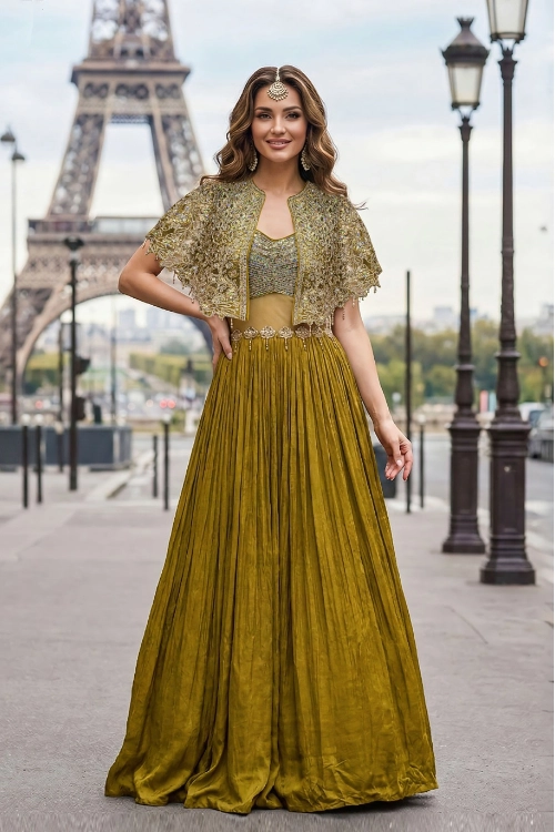 Mustard Yellow Chinon Sequin Gown with Cape