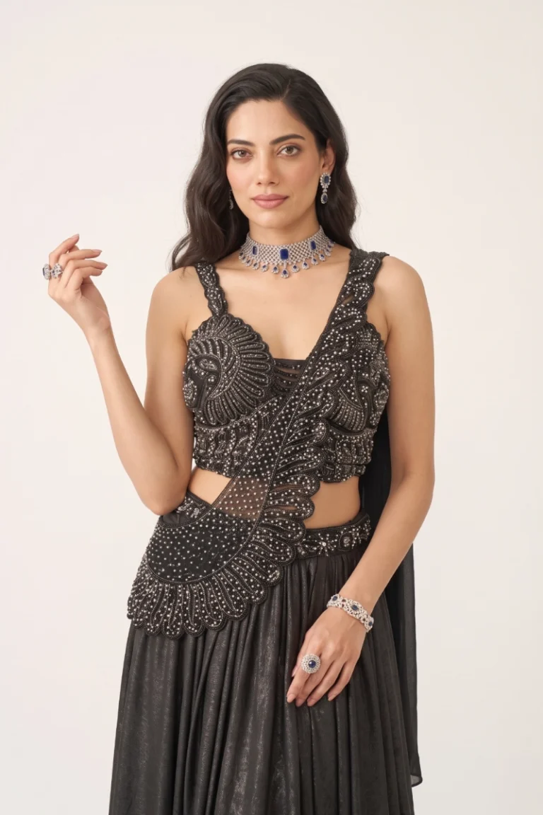 Black Shimmer Lycra Embellished Pre-Draped Saree SetT