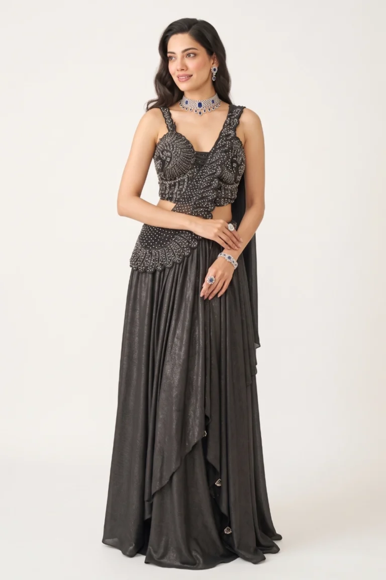 Black Shimmer Lycra Embellished Pre-Draped Saree Set