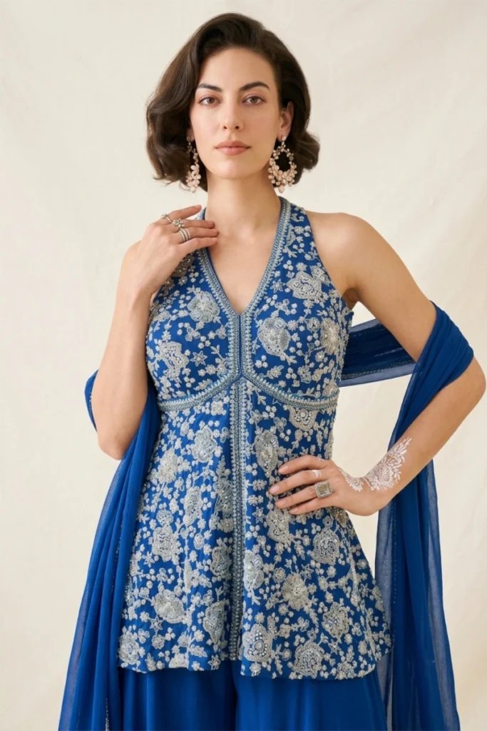 Blue Embellished Peplum Palazzo Set