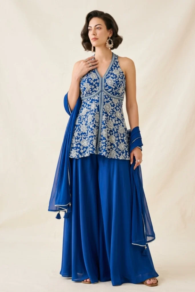 Blue Embellished Peplum Palazzo Set
