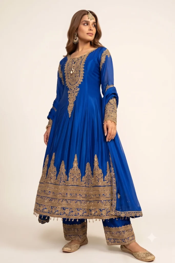 Blue Crepe Embellished Anarkali Suit Set