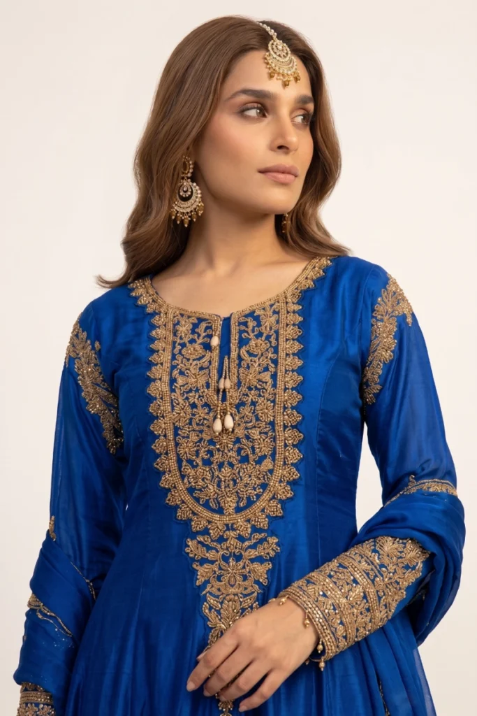 Blue Crepe Embellished Anarkali Suit Set