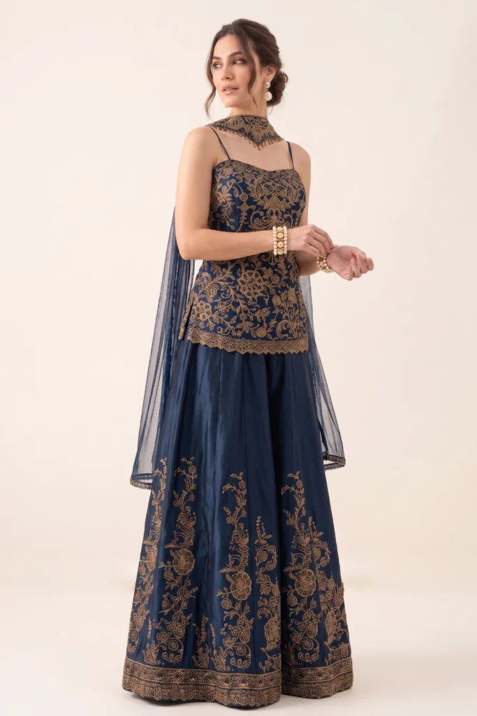 Blue Embroidered Silk Sharara Set