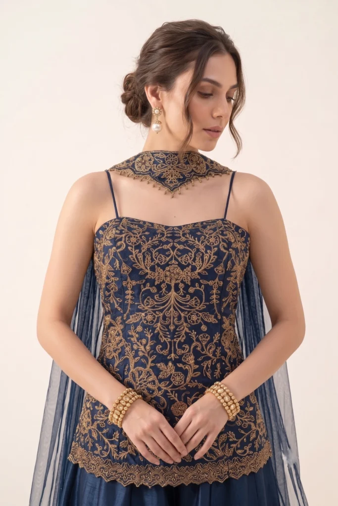 Blue Embroidered Silk Sharara Set