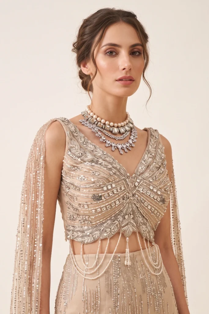 Champagne Net Embellished Fish cut Lehenga Set
