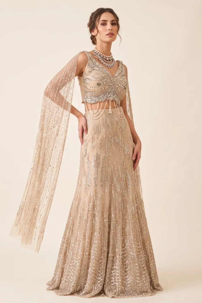 Champagne Net Embellished Fish cut Lehenga Set