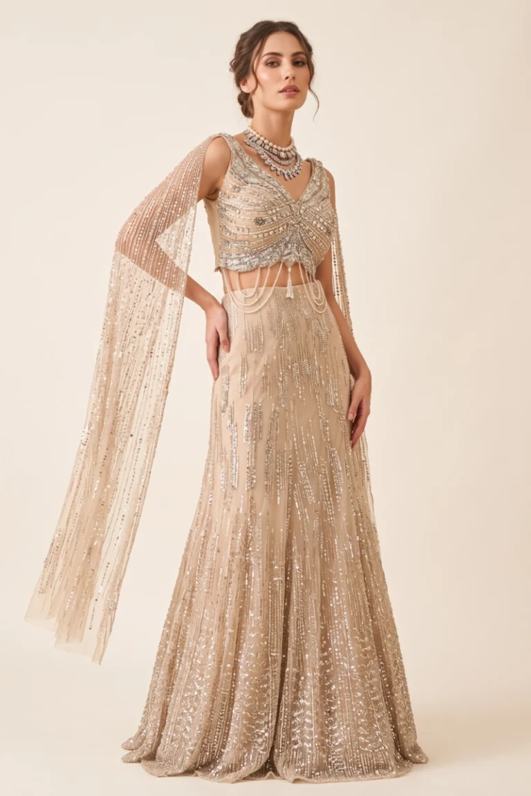 Champagne Net Embellished Fish cut Lehenga Set