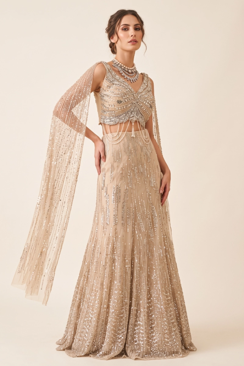 Champagne Net Embellished Fish cut Lehenga Set Champagne Net Embellished Fish cut Lehenga Set
