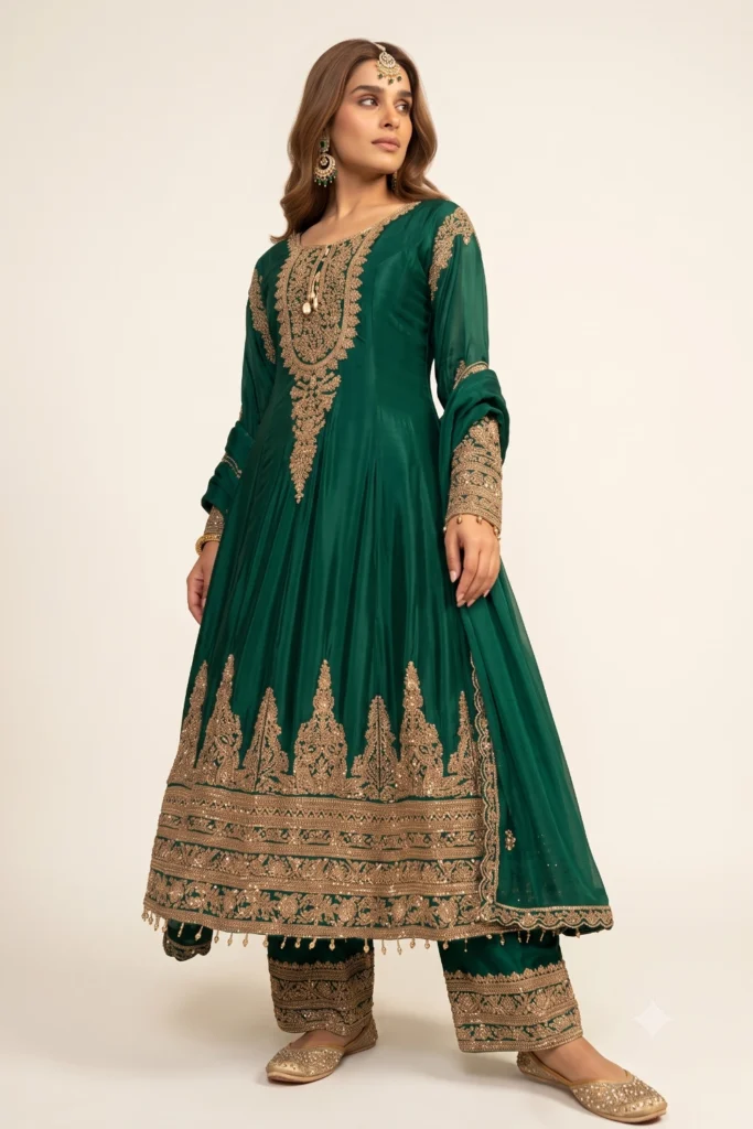 Green Crepe Embellished Anarkali Suit Set