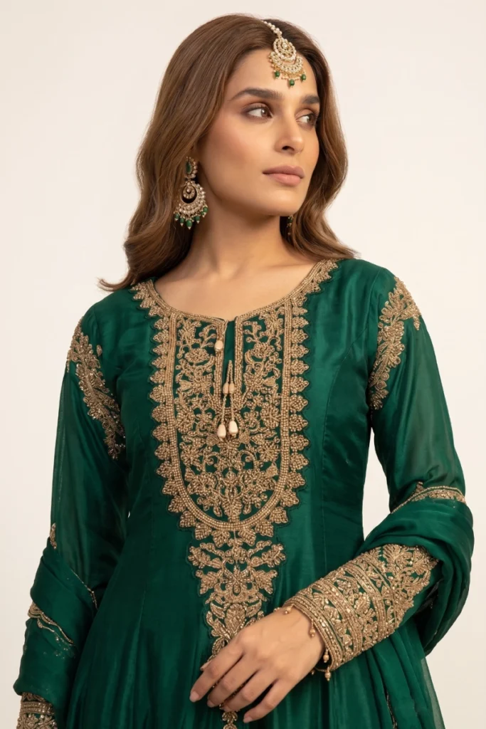 Green Crepe Embellished Anarkali Suit Set