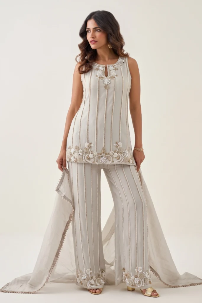 Grey Shimmer Tissue Embellished Palazzo Set