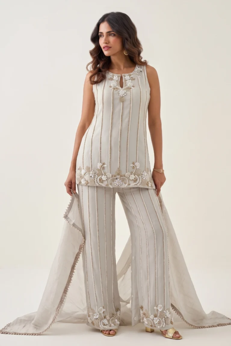 Grey Shimmer Tissue Embellished Palazzo Set
