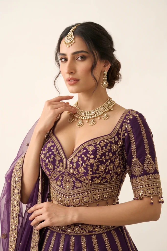 Close-up view of the dense gold zari embroidery, sweetheart neckline, and hanging bead fringe on the purple silk choli.