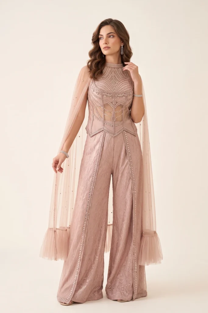 Exquisite Pink Crape and Net Embellished Palazzo Corset Set 1 Premium 2 Piece Outfit