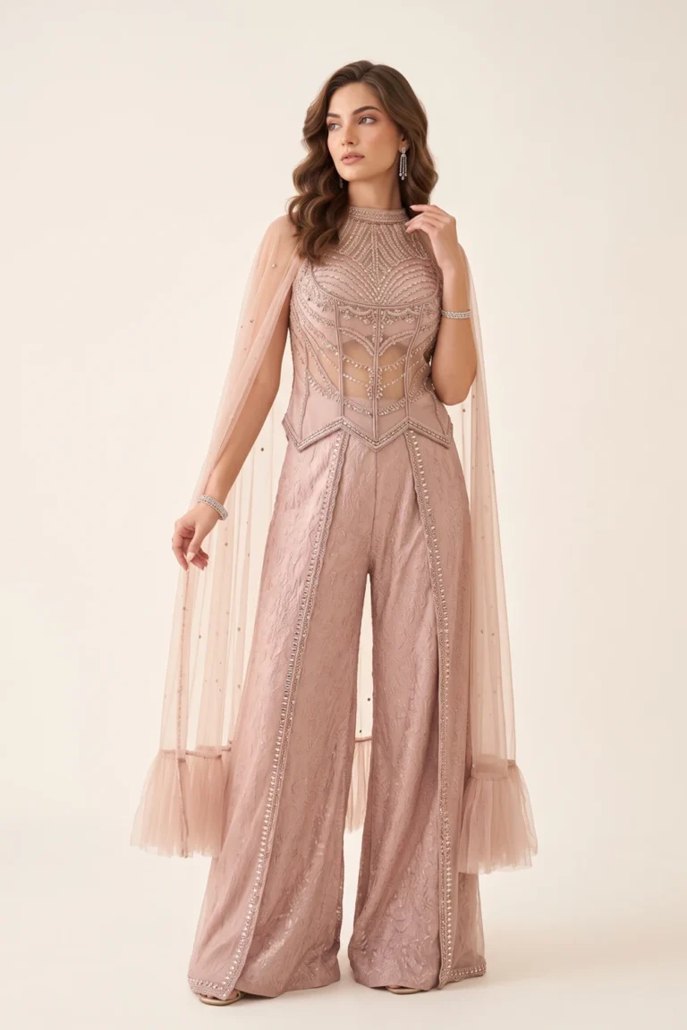 Exquisite Pink Crape and Net Embellished Palazzo Corset Set 1 Premium 2 Piece Outfit