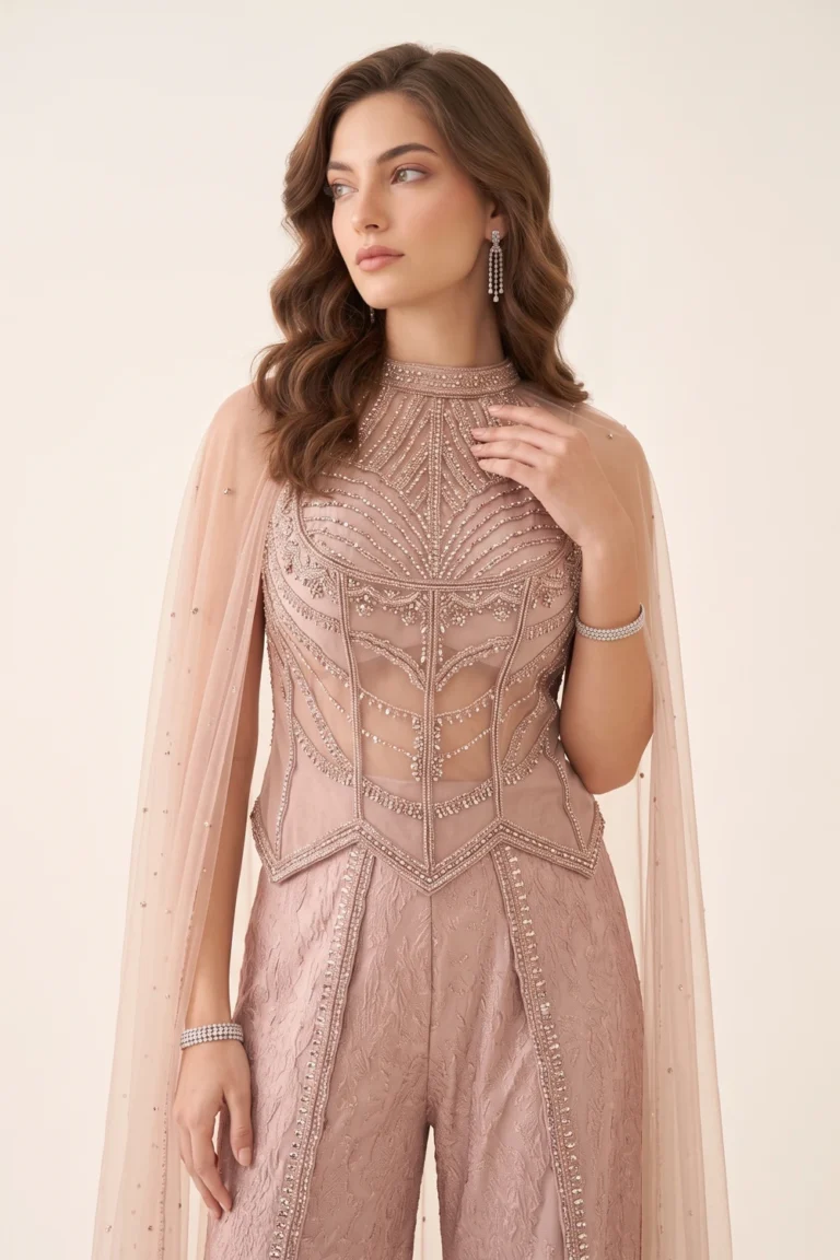 Close-up view of the dense beadwork, crystal stones, structural boning, and high neckline on the pink net corset top.