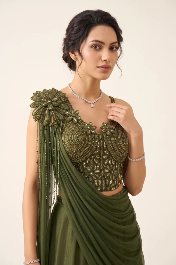 Close-up view of the dense gold beadwork, strap blouse, and 3D floral shoulder appliqué with cascading tassels on the green set.