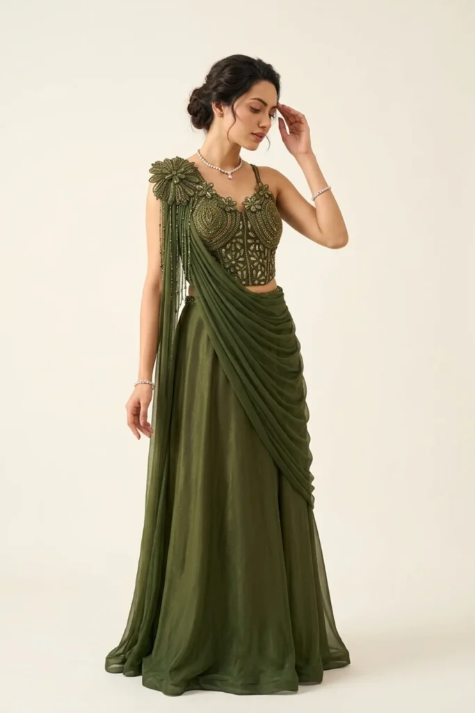 Exquisite Green Fendi Fabric Embroidered Lehenga Set 1 Premium 2 Piece Outfit