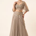 Taupe Chiffon Embroidered Lehenga Cape Set
