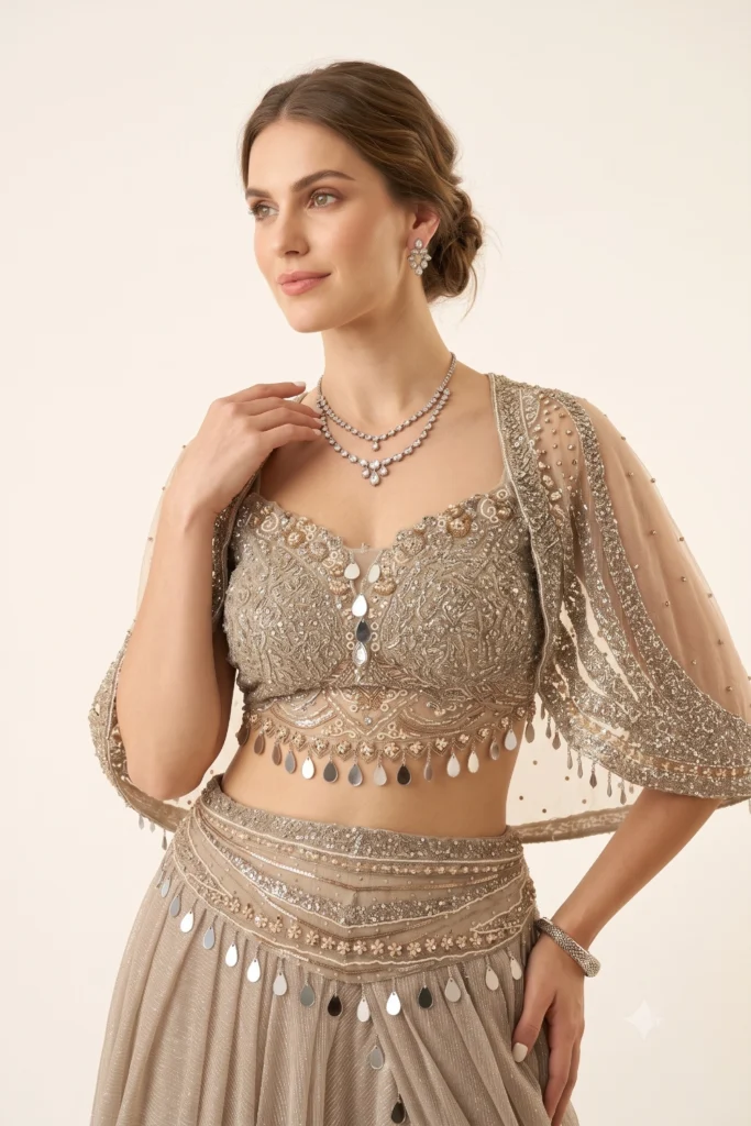 Taupe Embroidered Lehenga Cape Set