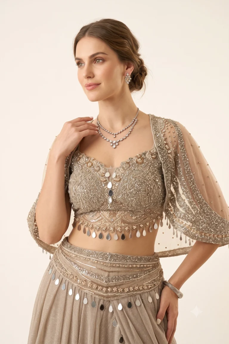 Taupe Embroidered Lehenga Cape Set