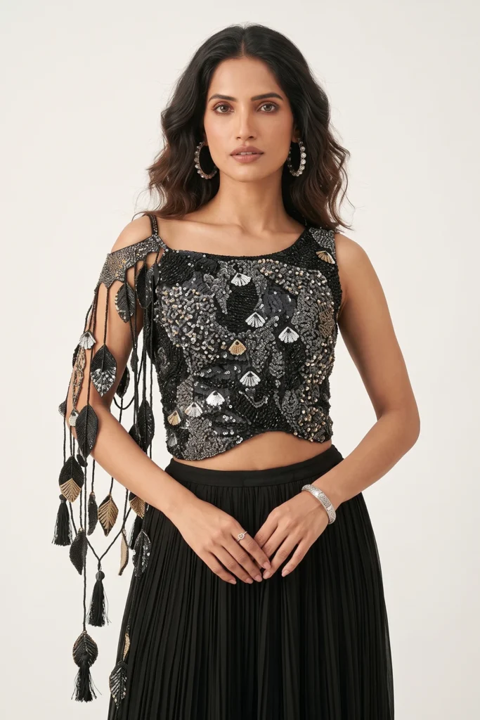 Close-up view of the dense metallic beadwork, sequins, and leaf appliques on the black georgette crop top.