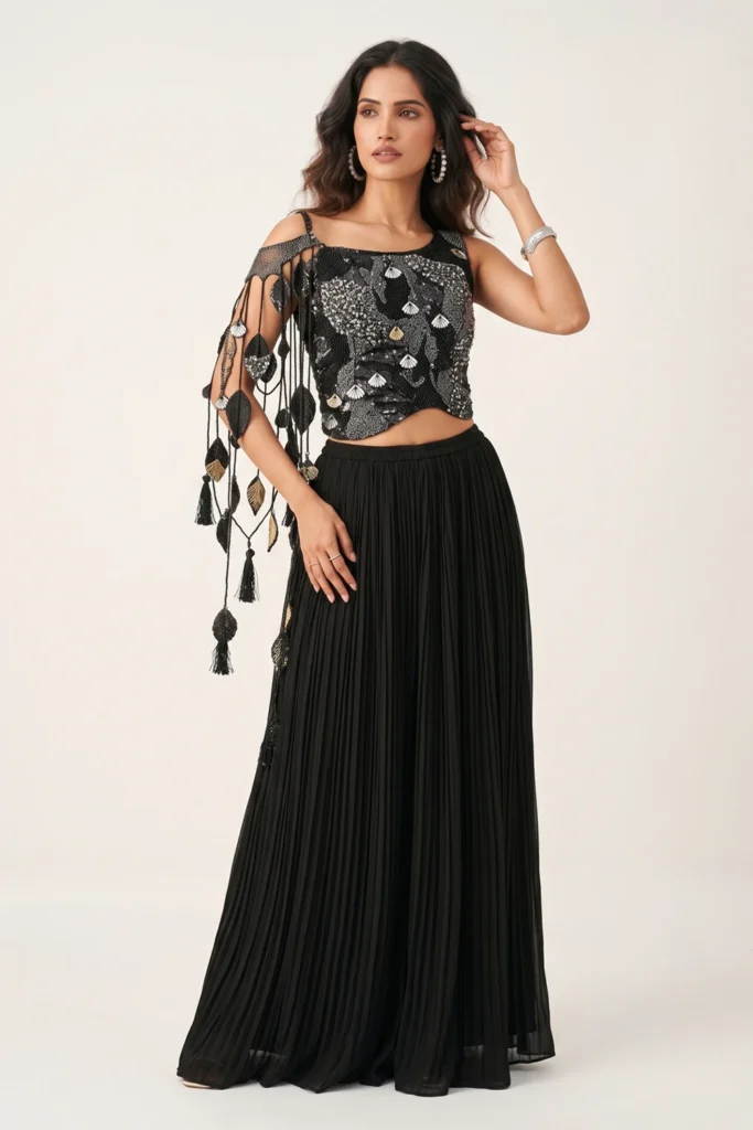 Breathtaking Black Georgette Embroidered Draped Palazzo Set 1 Luxurious 2 Piece Outfit