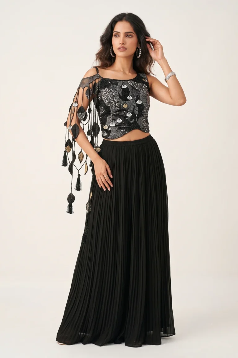 Breathtaking Black Georgette Embroidered Draped Palazzo Set 1 Luxurious 2 Piece Outfit