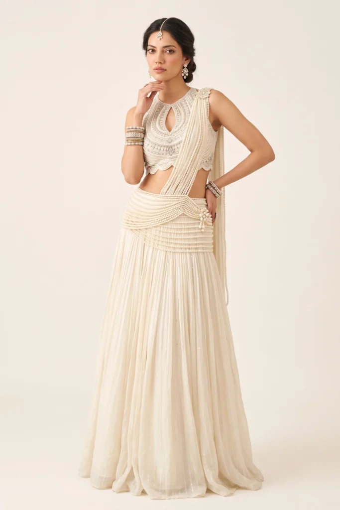 White Tissue Embellished Pre-Draped Saree Set