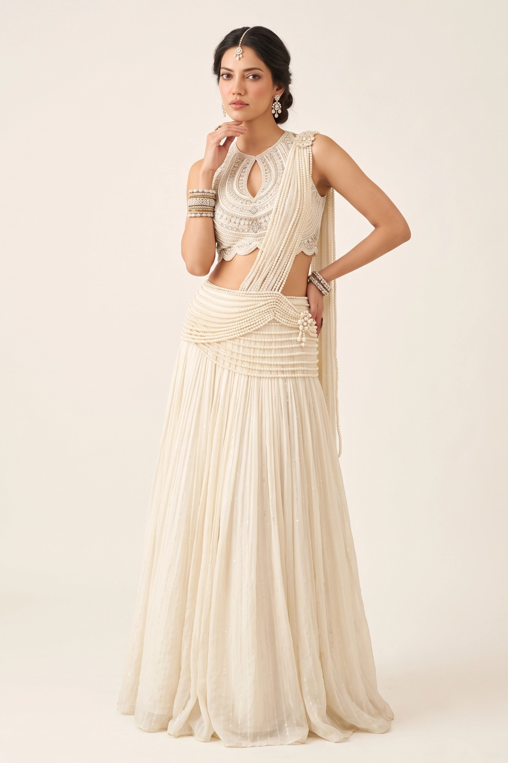 White Tissue Embellished Pre-Draped Saree Set White Tissue Embellished Pre-Draped Saree Set