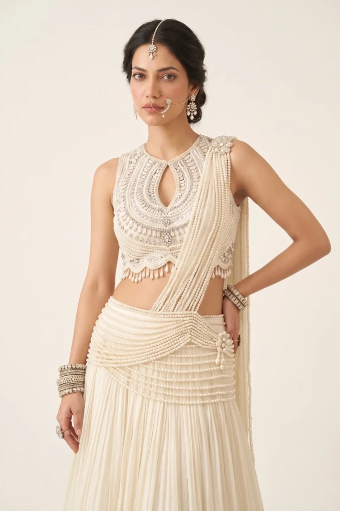 White Tissue Embellished Pre-Draped Saree Set